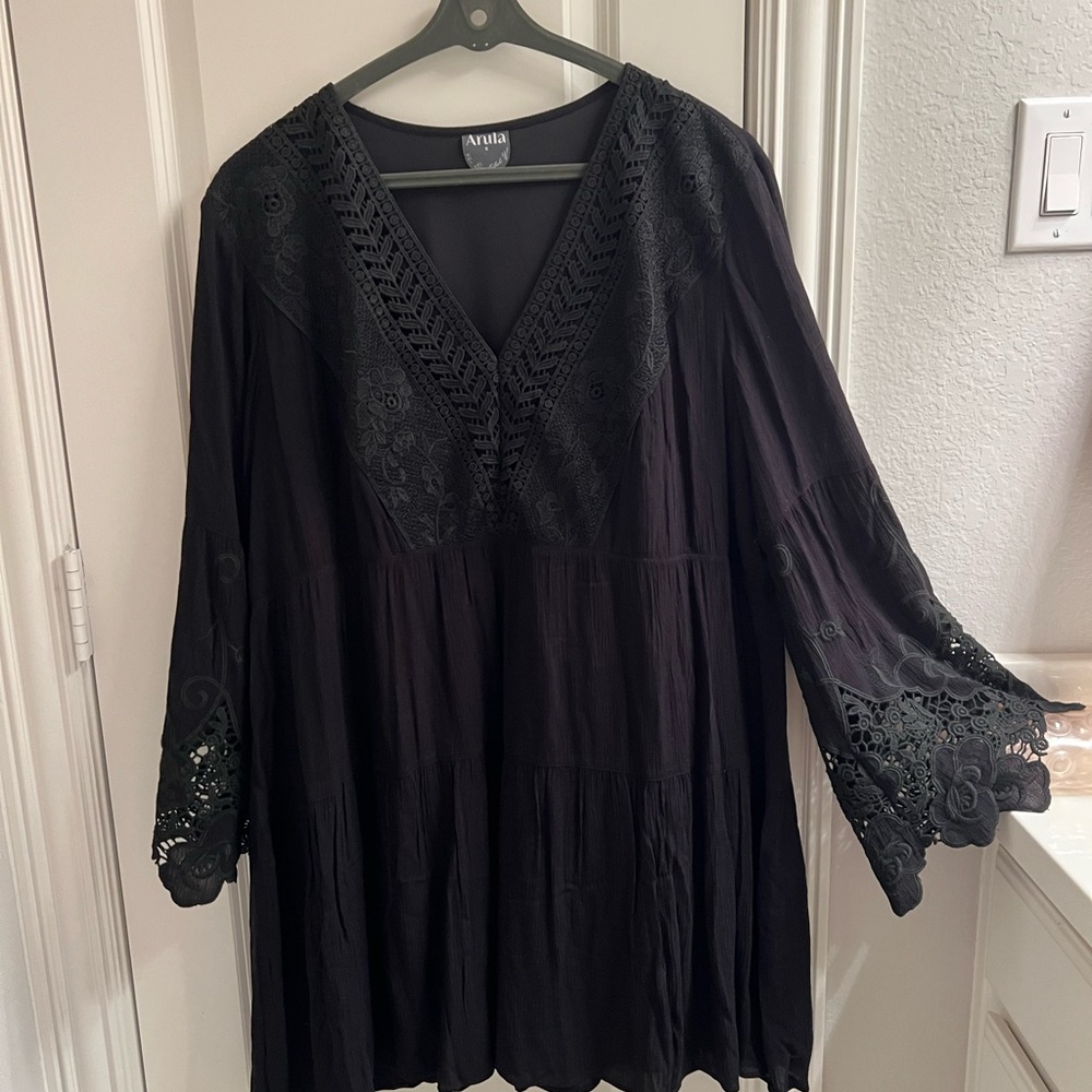 ARULA Black Boxy Tunic Dress with Embellished Sleeves
